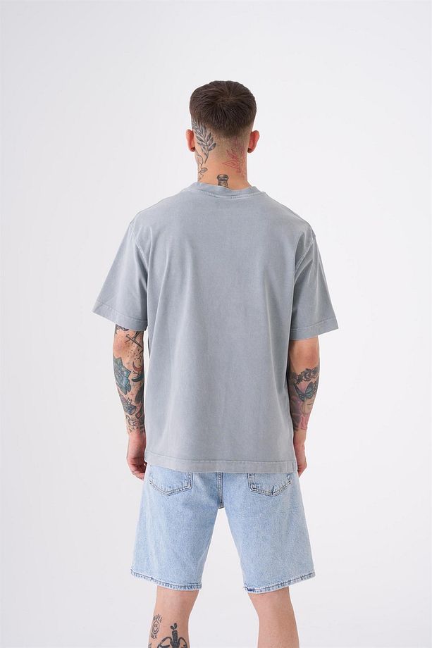 Erkek Basic Yıkamalı Relaxed Asit Gri Tişört - 2