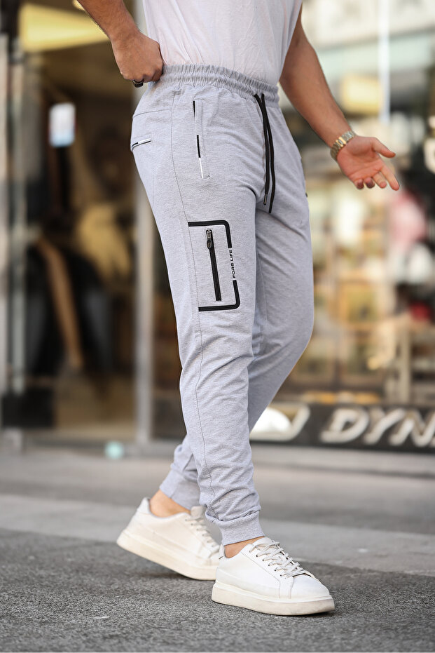 New Season Knee Print and Zipper Detailed Leg Cuffed Sweatpants