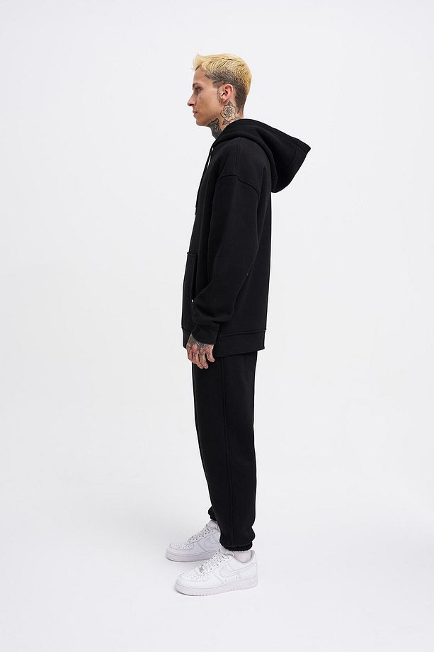 Erkek Basic Kapüşonlu Oversize Siyah Sweatshirt - 5