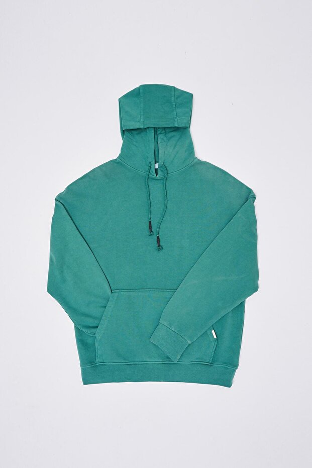 Erkek Basic Solid Kapüşonlu Oversize Yıkamalı Yeşil Sweatshirt - 8