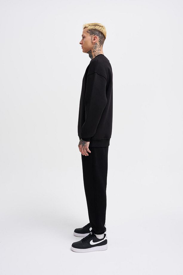 Erkek Basic Bisiklet Yaka Oversize Siyah Sweatshirt - 6