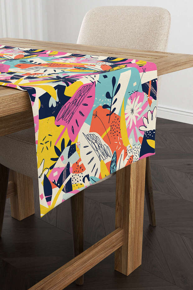 Cream Multicolored Tropical Flower Patterned Digital Printed Runner Cgh1105-rn