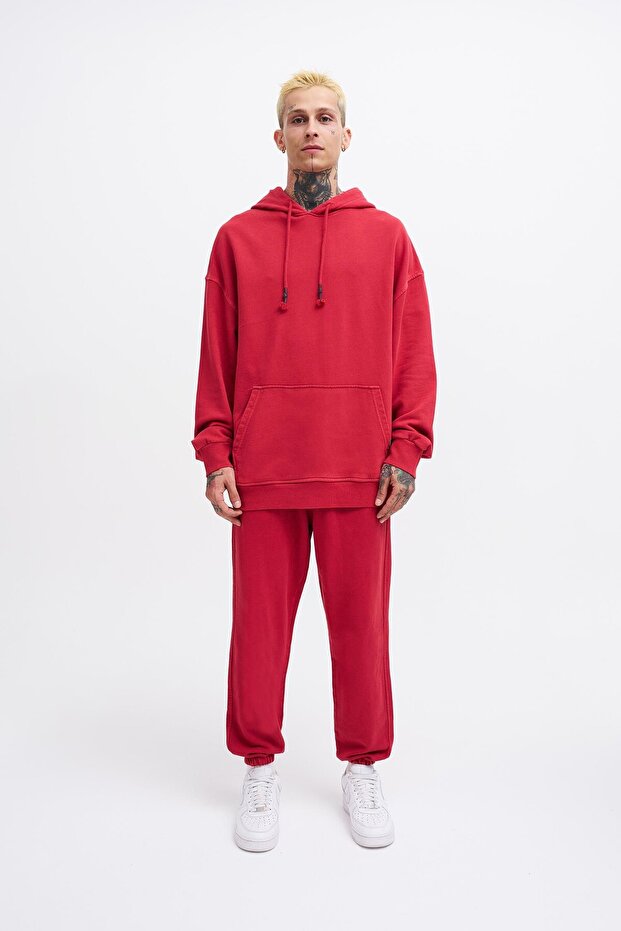 Erkek Basic Solid Kapüşonlu Oversize Yıkamalı Kırmızı Sweatshirt - 5
