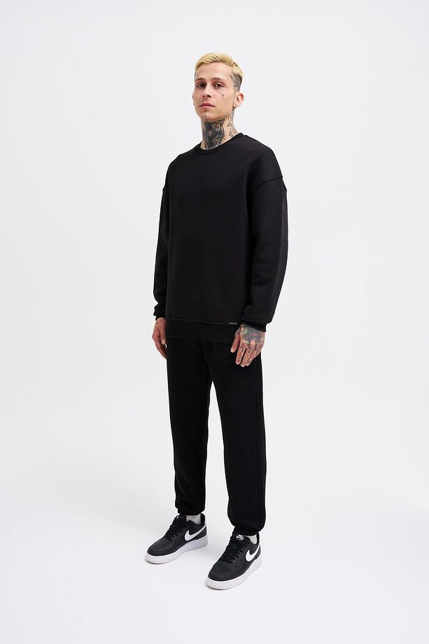 Erkek Basic Bisiklet Yaka Oversize Siyah Sweatshirt - 5