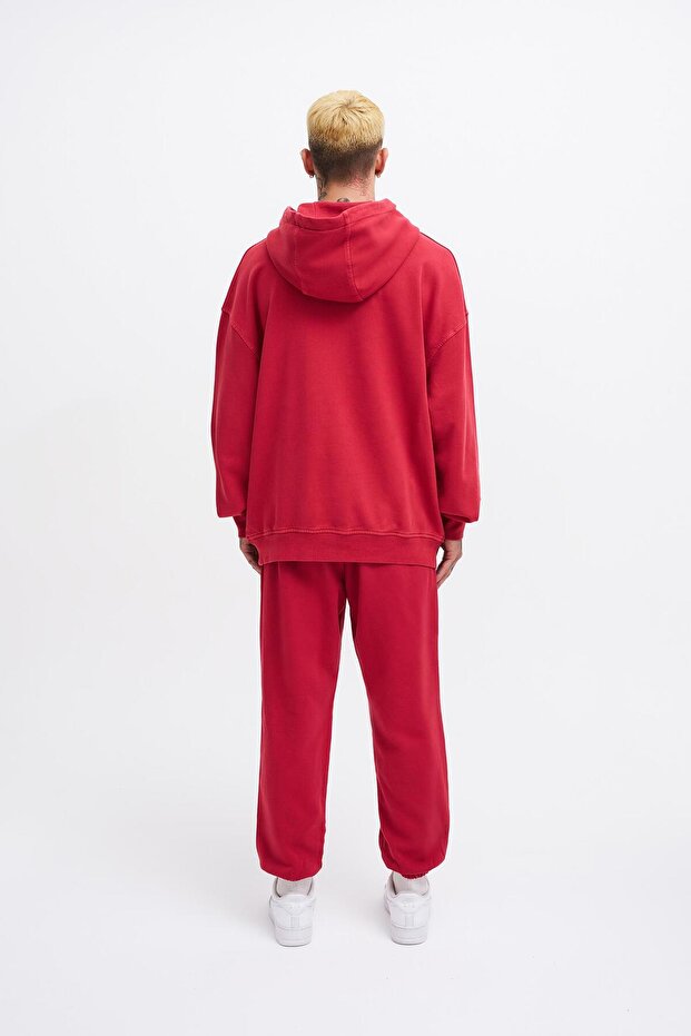 Erkek Basic Solid Kapüşonlu Oversize Yıkamalı Kırmızı Sweatshirt - 8