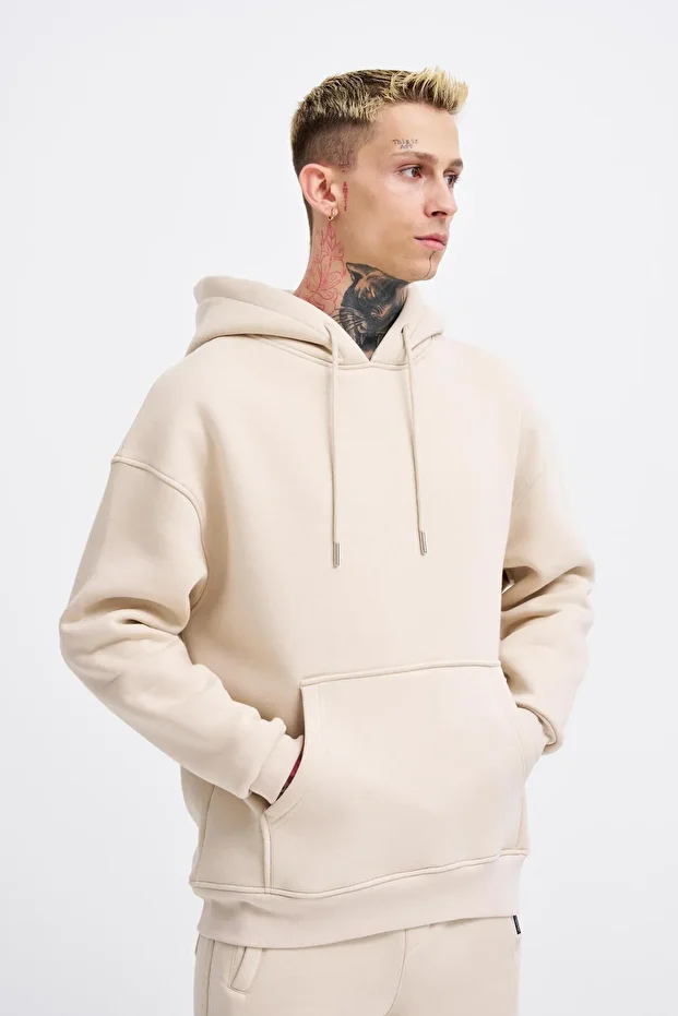 Erkek Basic Kapüşonlu Oversize Açık Bej Sweatshirt - 1