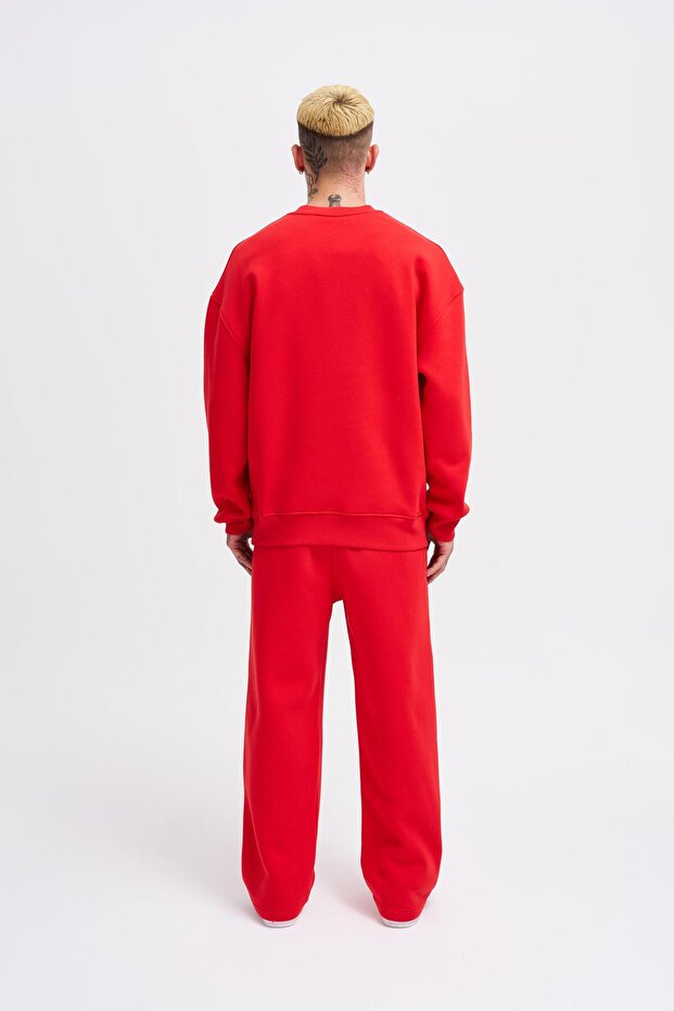 Erkek Basic Bisiklet Yaka Oversize Kırmızı Sweatshirt - 7