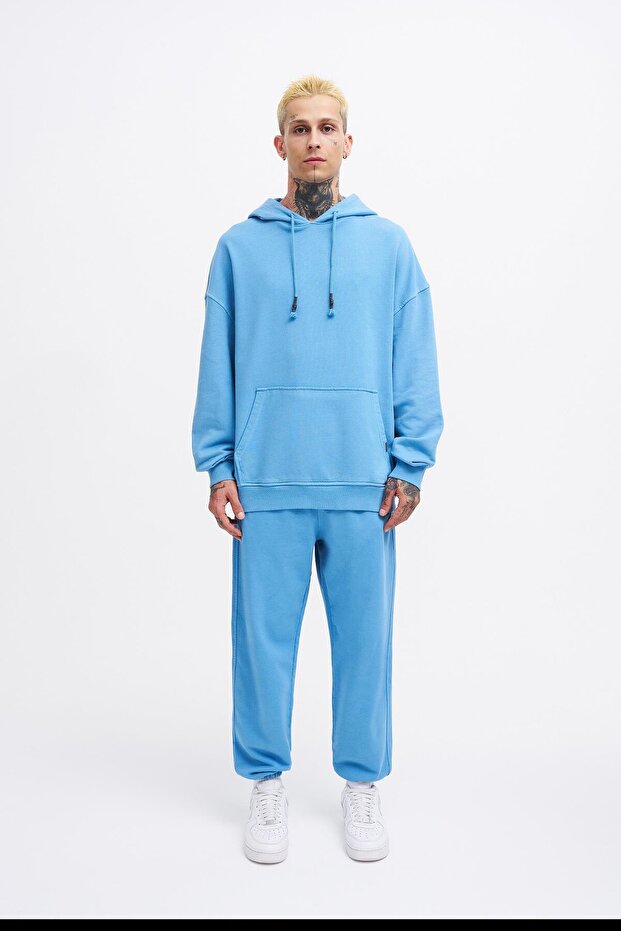 Erkek Basic Kapüşonlu Oversize Yıkamalı Mavi Sweatshirt - 4