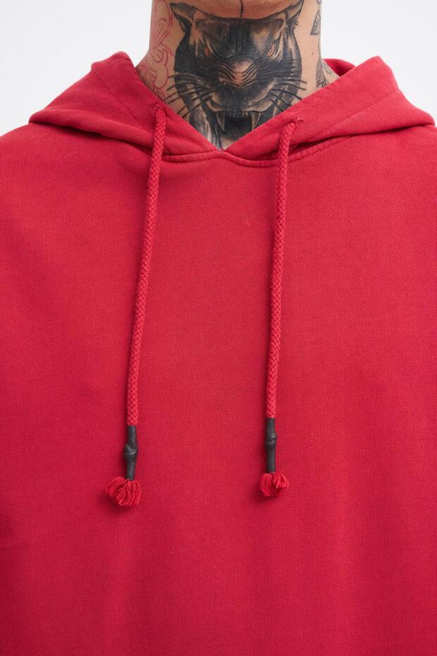 Erkek Basic Solid Kapüşonlu Oversize Yıkamalı Kırmızı Sweatshirt - 4