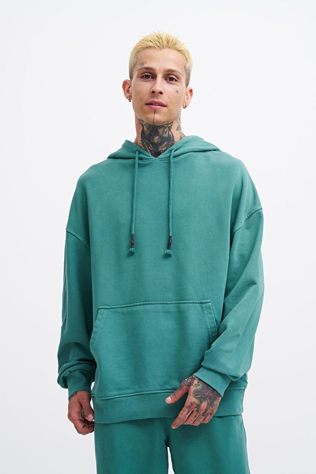 Erkek Basic Solid Kapüşonlu Oversize Yıkamalı Yeşil Sweatshirt - 1