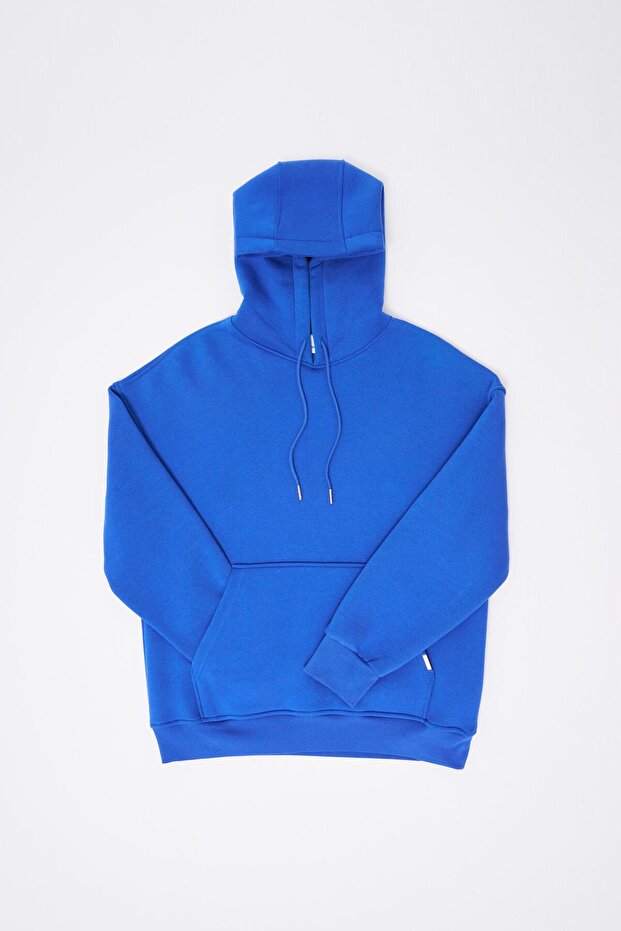 Erkek Basic Kapüşonlu Oversize Saks Sweatshirt - 6