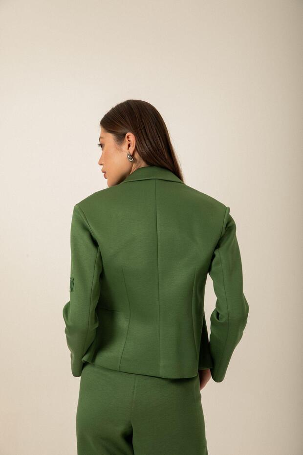 Düğme Detaylı Örme Yeşil Ceket - 5