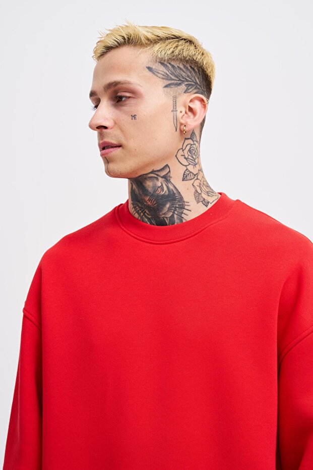 Erkek Basic Bisiklet Yaka Oversize Kırmızı Sweatshirt - 2