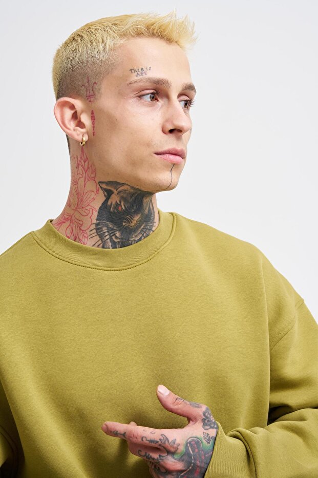 Erkek Basic Bisiklet Yaka Oversize Yeşil Sweatshirt - 3