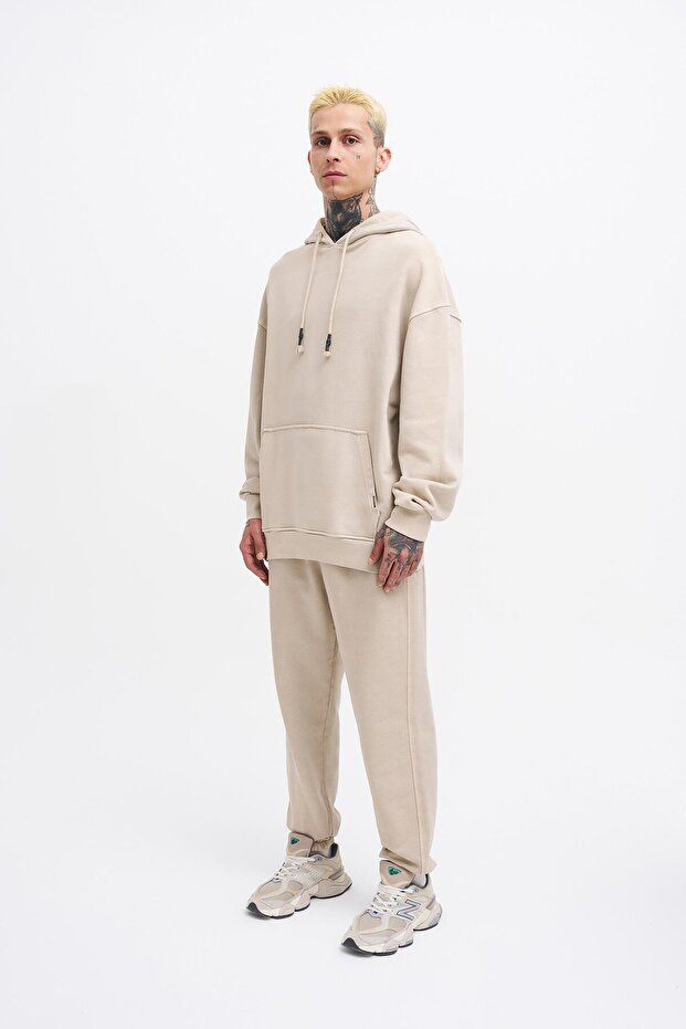 Erkek Basic Solid Kapüşonlu Oversize Yıkamalı Açık Bej Sweatshirt - 6