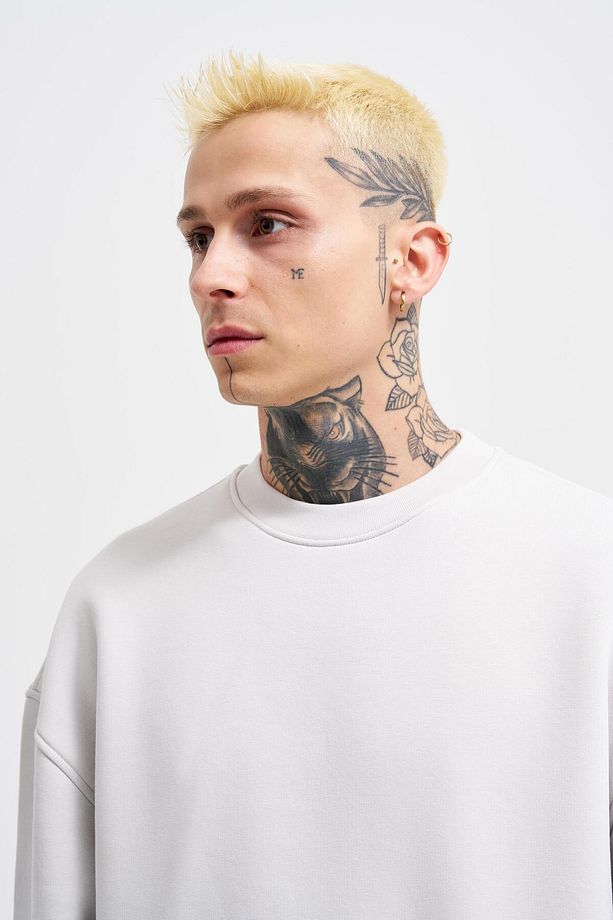 Erkek Basic Bisiklet Yaka Oversize Gri Sweatshirt - 3
