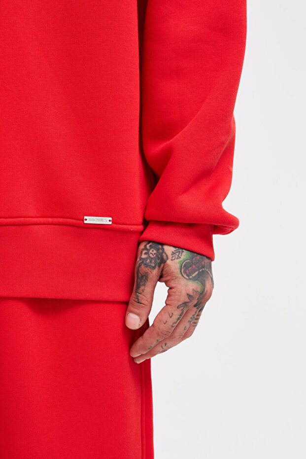 Erkek Basic Bisiklet Yaka Oversize Kırmızı Sweatshirt - 4