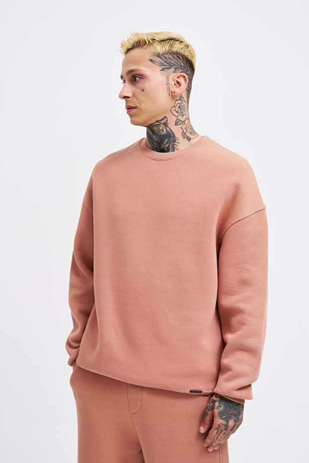 Erkek Basic Bisiklet Yaka Oversize Bakır Sweatshirt - 1