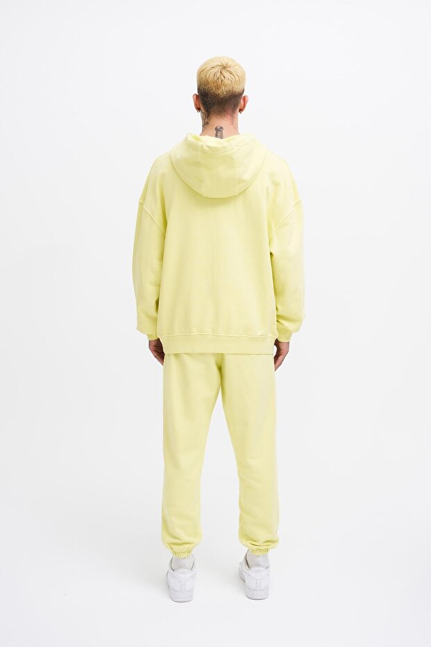 Erkek Basic Kapüşonlu Oversize Yıkamalı Açık Sarı Sweatshirt - 7