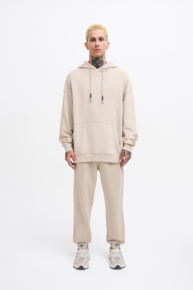 Erkek Basic Solid Kapüşonlu Oversize Yıkamalı Açık Bej Sweatshirt - 5