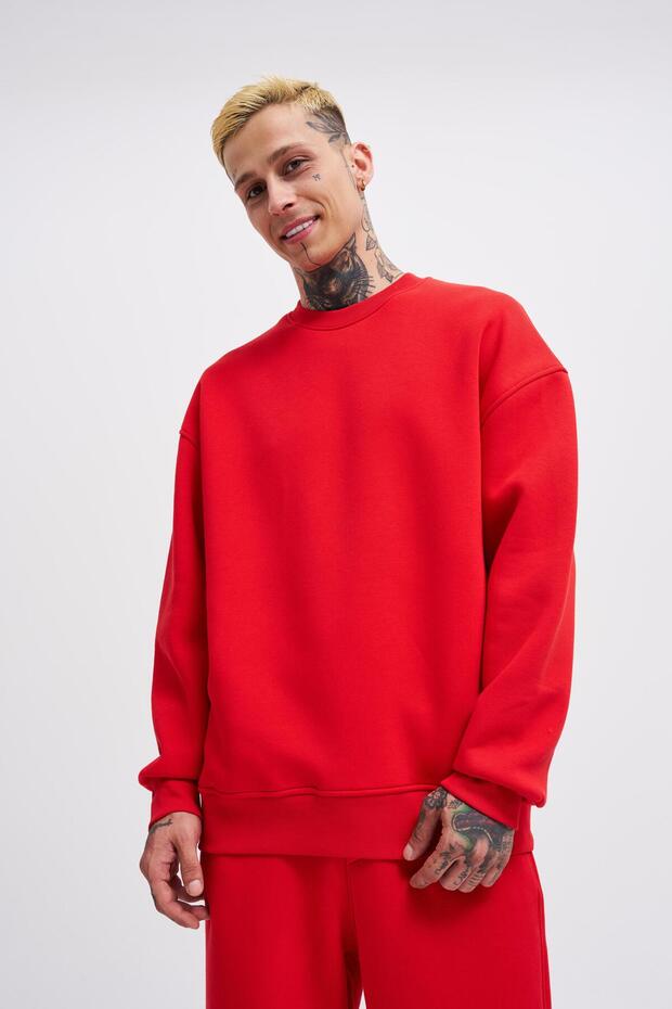 Erkek Basic Bisiklet Yaka Oversize Kırmızı Sweatshirt - 3