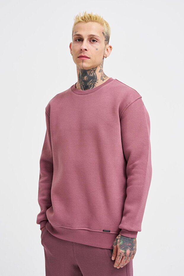 Erkek Bisiklet Yaka Basic Regular Mürdüm Sweatshirt - 1
