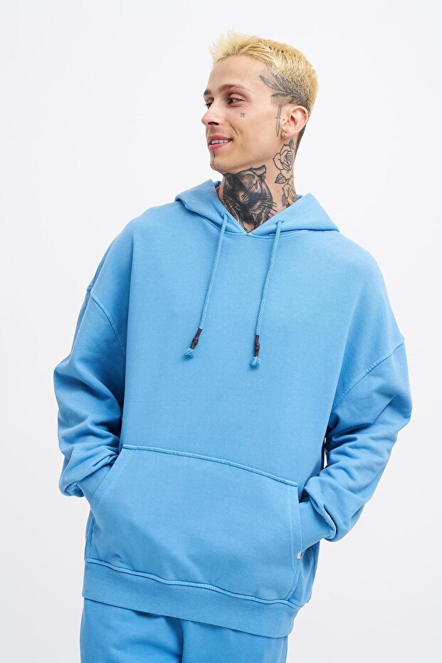 Erkek Basic Kapüşonlu Oversize Yıkamalı Mavi Sweatshirt - 3