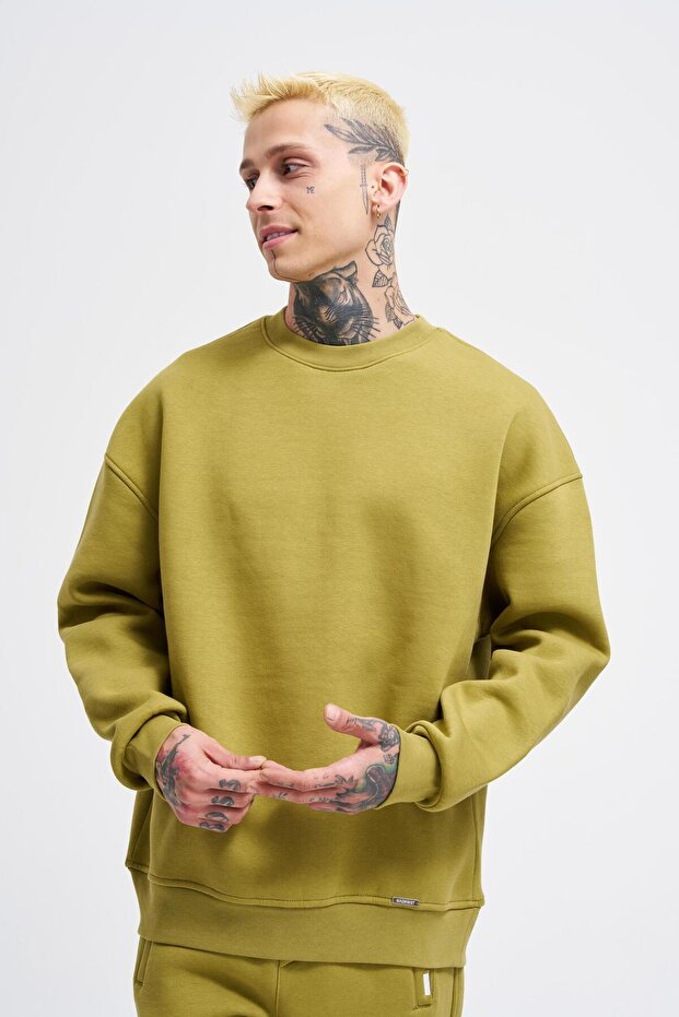 Erkek Basic Bisiklet Yaka Oversize Yeşil Sweatshirt - 2