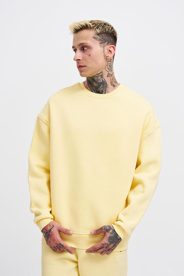 Erkek Basic Bisiklet Yaka Oversize Sarı Sweatshirt - 3