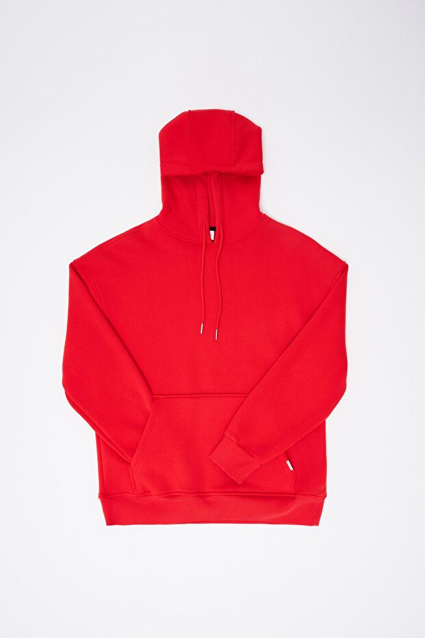 Erkek Basic Kapüşonlu Oversize Kırmızı Sweatshirt - 6