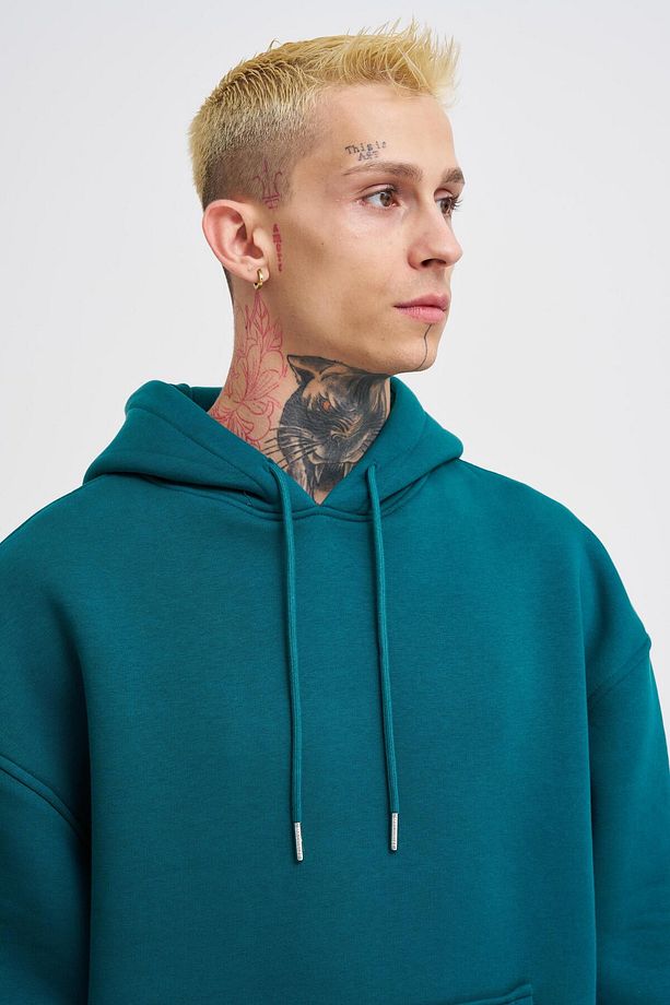 Erkek Basic Kapüşonlu Oversize Petrol Yeşili Sweatshirt - 3