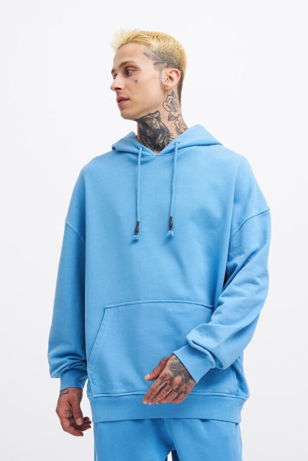 Erkek Basic Kapüşonlu Oversize Yıkamalı Mavi Sweatshirt - 1
