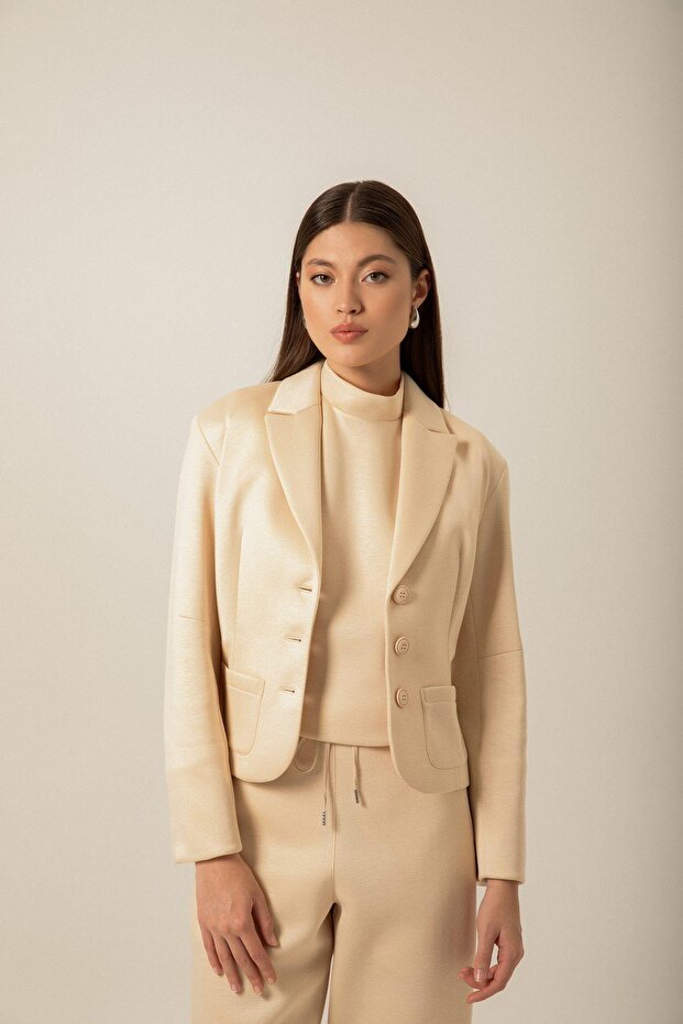 Düğme Detaylı Örme Ekru Ceket - 1