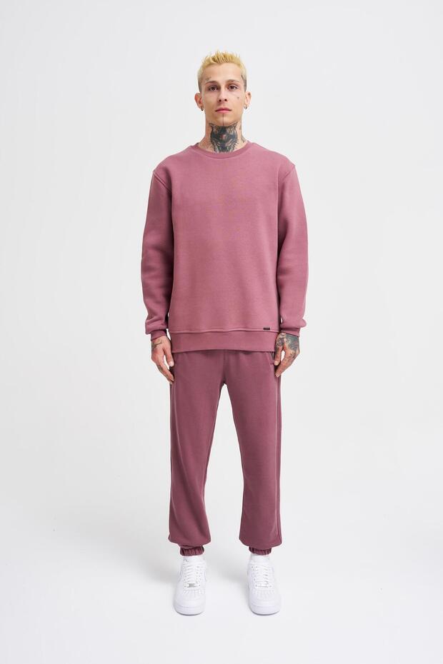 Erkek Bisiklet Yaka Basic Regular Mürdüm Sweatshirt - 5