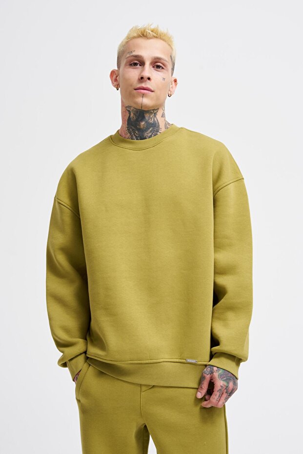 Erkek Basic Bisiklet Yaka Oversize Yeşil Sweatshirt - 1