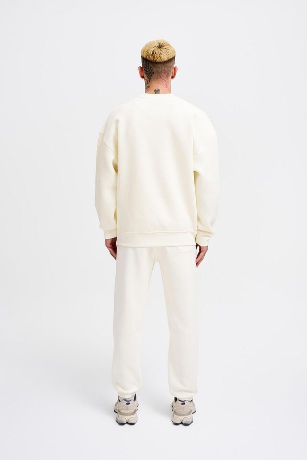 Erkek Basic Bisiklet Yaka Oversize Ekru Sweatshirt - 5