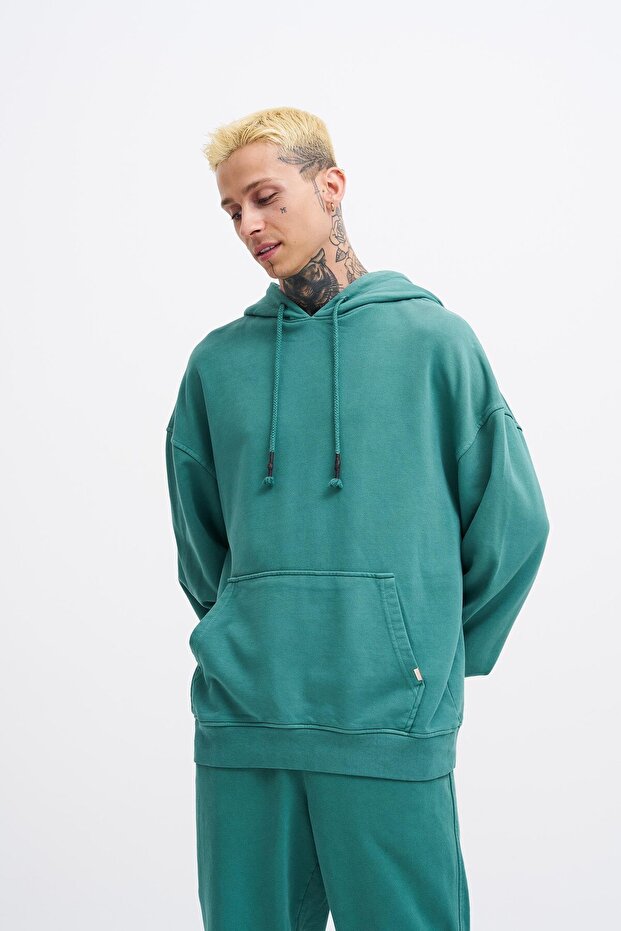 Erkek Basic Solid Kapüşonlu Oversize Yıkamalı Yeşil Sweatshirt - 4