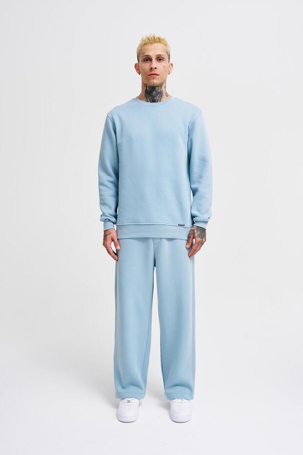 Men's Crew Neck Basic Regular Aqua Sweatshirt - 5