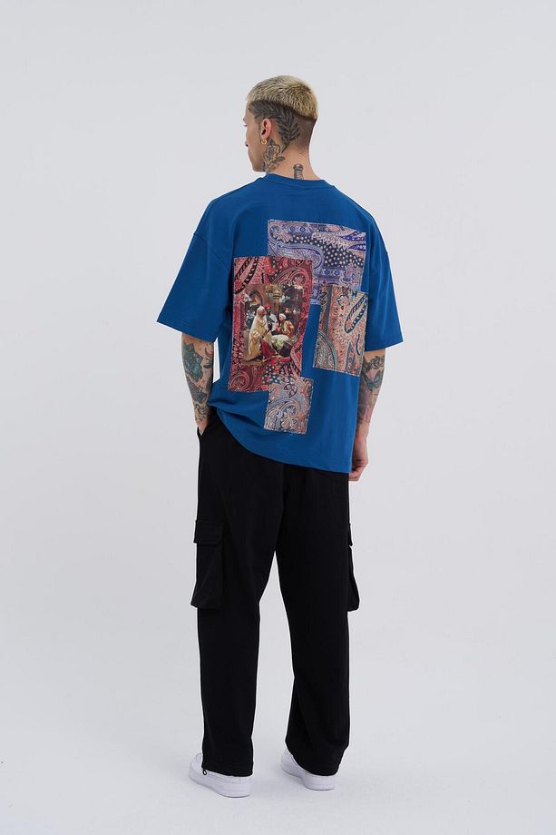 Erkek Patchwork Oversize İndigo Tişört - 4