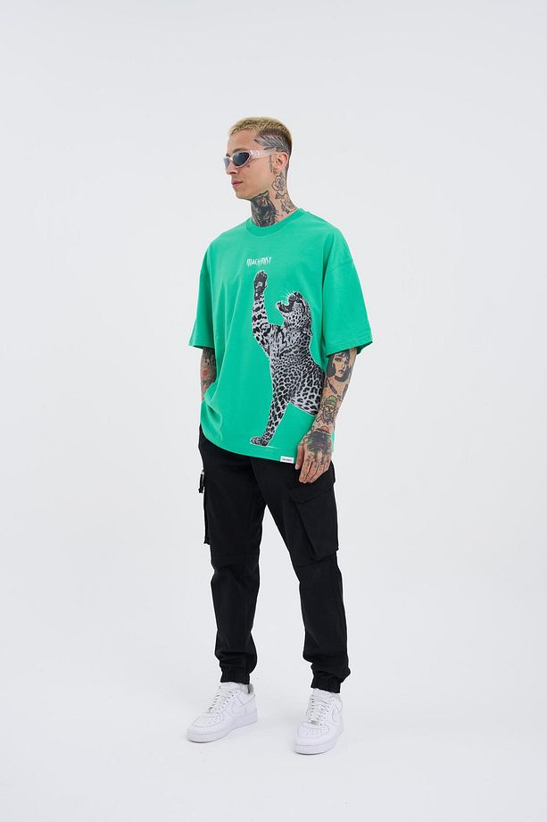Erkek Leopard Baskılı Oversize Açık Yeşil Tişört - 4