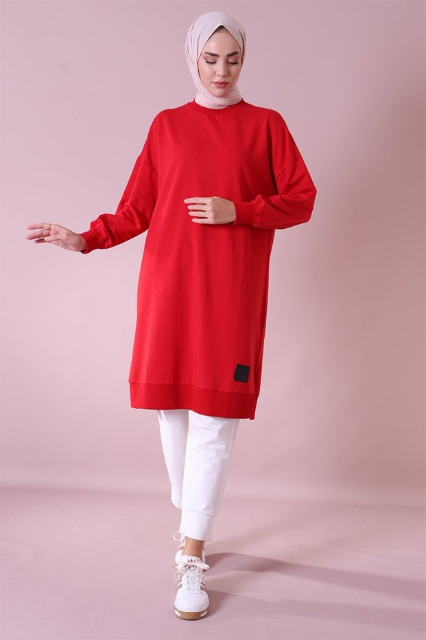 30645 Crew Neck 2 Thread Long Below the Knee Tunic Red