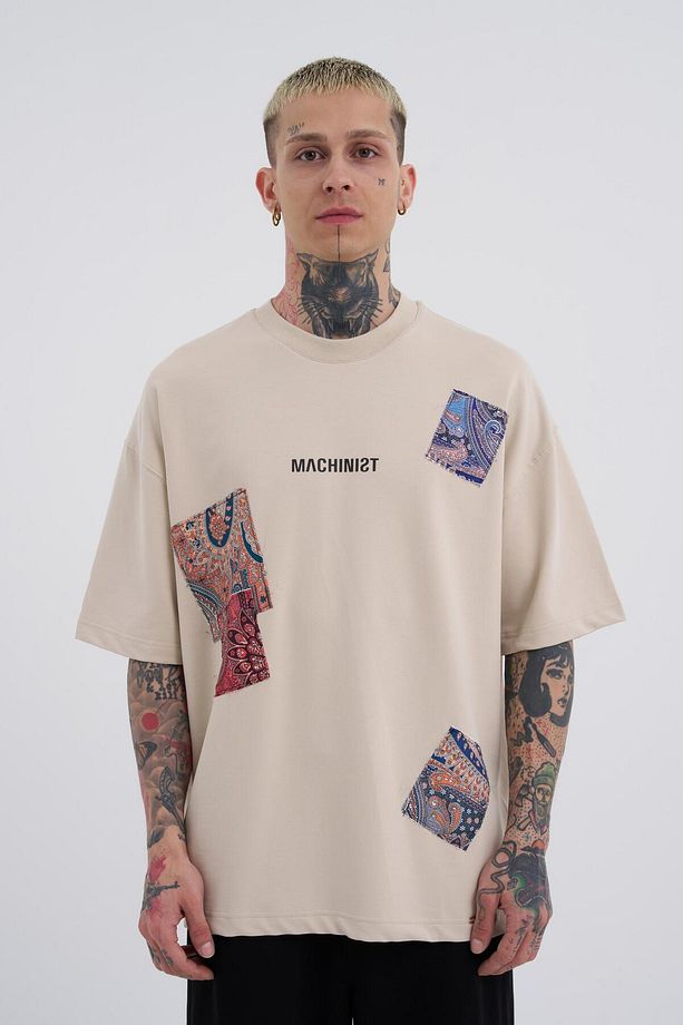 Erkek Patchwork Oversize Açık Bej Tişört - 2