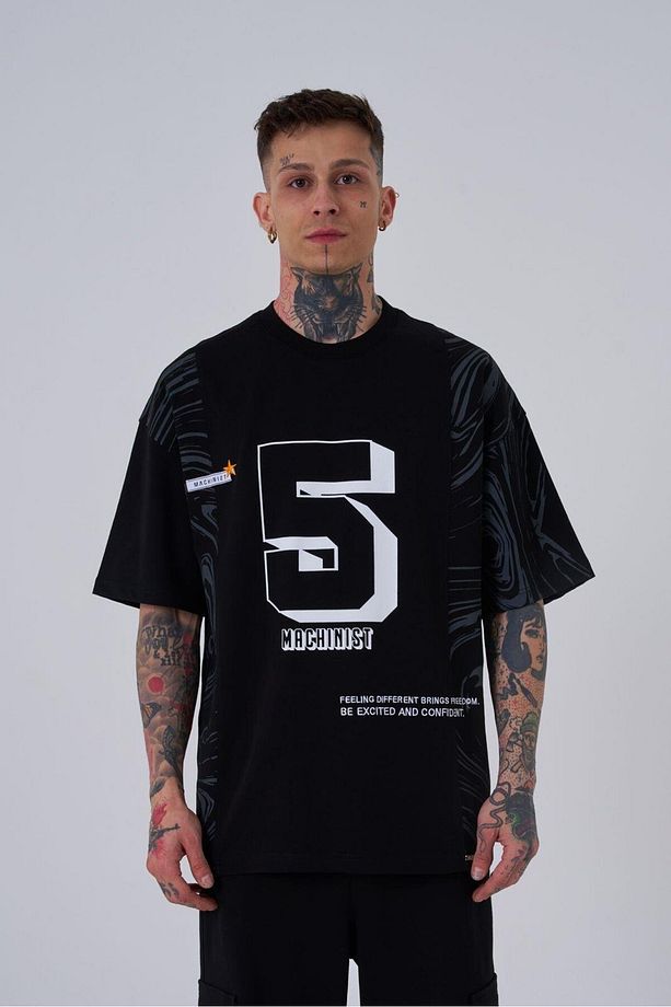Erkek Number 5 Baskılı Oversize Siyah Tişört - 1