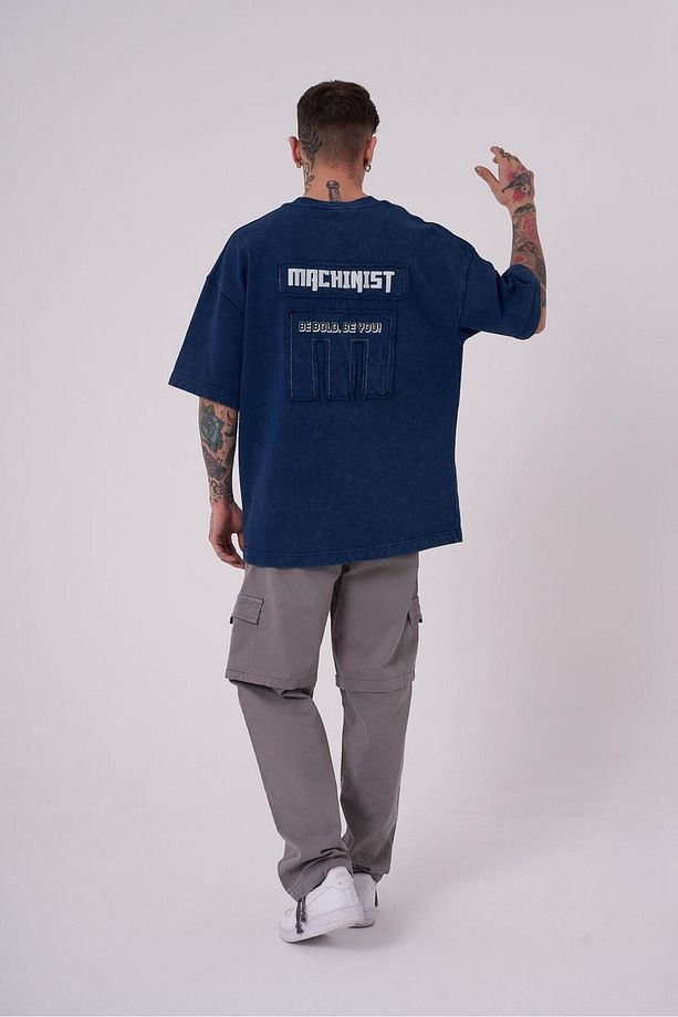 Erkek Be Bold Be You Yıkmalı Oversize İndigo Cloudy Tişört - 4