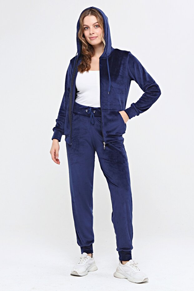 Thick-Zippered Velvet Tracksuit Set Navy