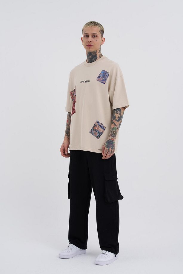 Erkek Patchwork Oversize Açık Bej Tişört - 3