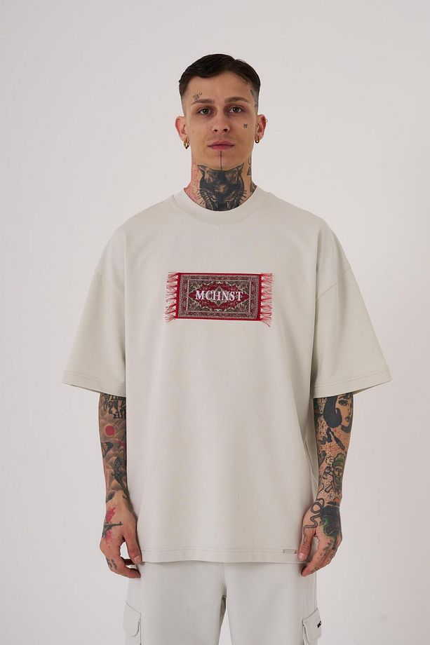 Erkek Carpet Patch Baskılı Oversize Gri Tişört - 2