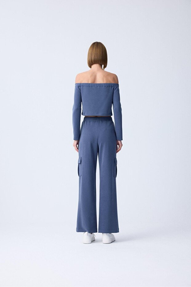 Beli Lastikli Örme Mavi Pantolon - 4