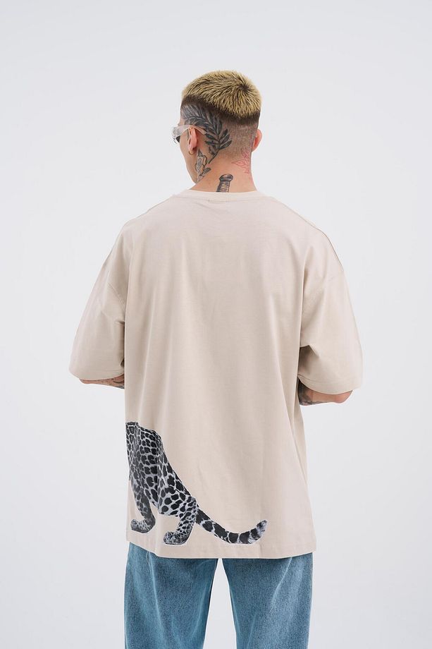 Erkek Leopard Baskılı Oversize Açık Bej Tişört - 3