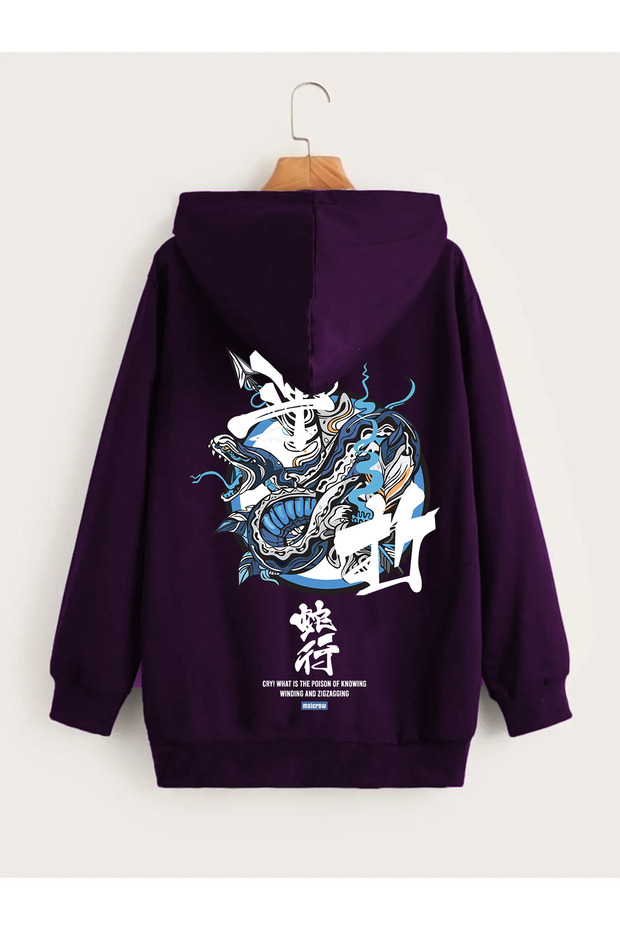 Men's Winter Purple Hooded Sweatshirt Back Printed Snake